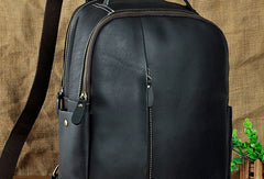 Genuine Leather Mens Cool Black Backpack for School Travel Bag Hiking Bag For Men