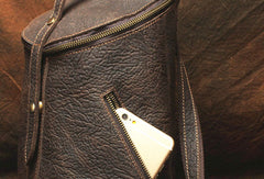 Genuine Leather Mens Cool Bucket Backpack Travel Bag Hiking Bag For Mens