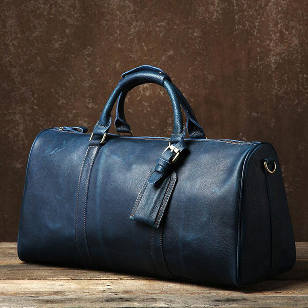 Genuine Leather Mens Large Blue Travel Bag Cool Duffle Bag Shoulder Bag Weekender Bag for Men