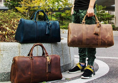 Genuine Leather Mens Large Blue Travel Bag Cool Duffle Bag Shoulder Bag Weekender Bag for Men