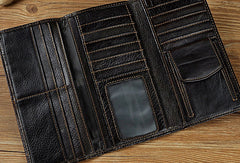 Genuine Leather Mens Trifold Wallet Coffee Long Wallet for Men with Multi Cards