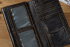 Genuine Leather Mens Trifold Wallet Coffee Long Wallet for Men with Multi Cards