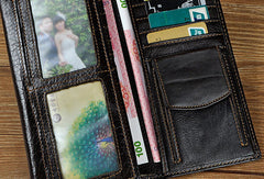 Genuine Leather Mens Trifold Wallet Coffee Long Wallet for Men with Multi Cards