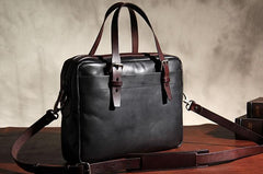 Vintage Leather Mens Black Briefcase Work Bag Laptop Bag Business Bag for Men