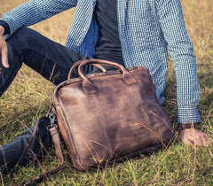 Vintage Leather Mens Brown Briefcase Work Bag Laptop Bag Business Bag for Men