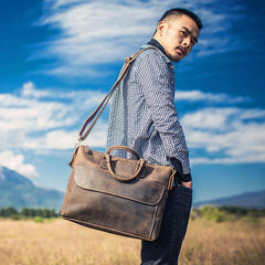 Vintage Leather Mens Coffee Briefcase Shoulder Bag Work Bag Laptop Bag Business Bag for Men