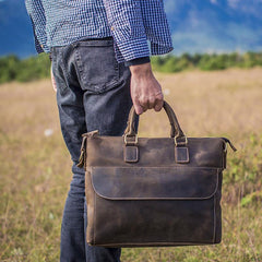 Vintage Leather Mens Coffee Briefcase Shoulder Bag Work Bag Laptop Bag Business Bag for Men