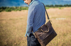 Vintage Leather Mens Coffee Briefcase Shoulder Bag Work Bag Laptop Bag Business Bag for Men