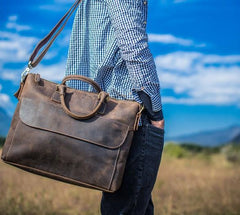 Vintage Leather Mens Coffee Briefcase Shoulder Bag Work Bag Laptop Bag Business Bag for Men