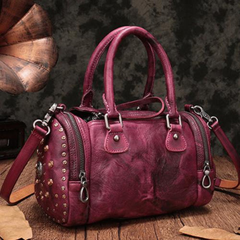 Purple Rivet Vintage Womens Leather Handbags Boston Purse Western Leather Boston Purses for Ladies