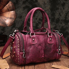 Purple Rivet Vintage Womens Leather Handbags Boston Purse Western Leather Boston Purses for Ladies