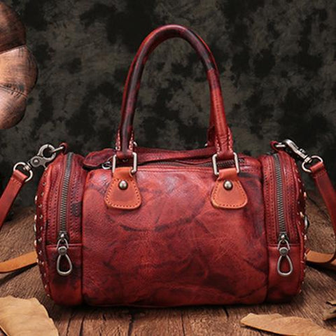 Red Genuine Leather Womens Rivet Round Boston Handbag Brown Shoulder Bag Purse for Ladies