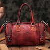 Red Genuine Leather Womens Rivet Round Boston Handbag Brown Shoulder Bag Purse for Ladies