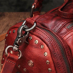 Red Genuine Leather Womens Rivet Round Boston Handbag Brown Shoulder Bag Purse for Ladies