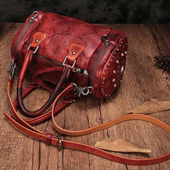 Brown Rivet Vintage Womens Leather Handbags Boston Purse Western Leather Boston Purses for Ladies