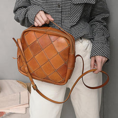 Coffee Mosaic Womens Genuine Leather Shoulder Bag Handbag Bag Vintage Side Bag for Ladies