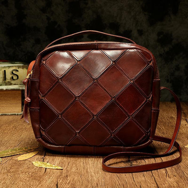 Coffee Mosaic Womens Genuine Leather Shoulder Bag Handbag Bag Vintage Side Bag for Ladies
