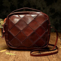 Coffee Mosaic Womens Genuine Leather Shoulder Bag Handbag Bag Vintage Side Bag for Ladies