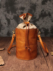 Green WOmens Leather Shoulder Bag Bucket Bag Small Brown Crossbody Barrel Bag Bucket Purse for ladies