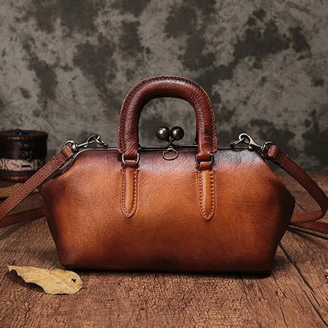 Brown Vintage Womens Doctor Handbag Vintage Leather Shoulder Doctor Bag Purse for Ladies