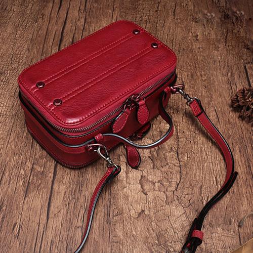 Vintage Small Womens Leather Brown Handbag Cube Box Small Red Leather Shoulder Bag for Men