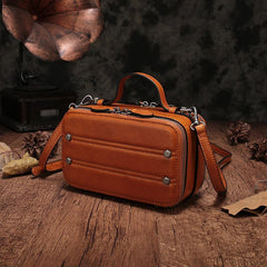 Vintage Small Womens Leather Brown Handbag Cube Box Small Red Leather Shoulder Bag for Men