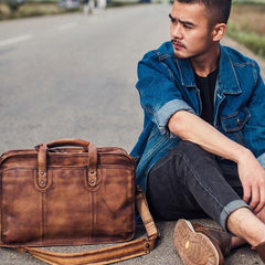Vintage Leather Brown Mens Cool Large Briefcase Shoulder Bag Travel Bag for men