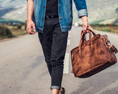 Vintage Leather Brown Mens Cool Large Briefcase Shoulder Bag Travel Bag for men