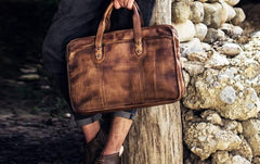 Vintage Leather Brown Mens Cool Large Briefcase Shoulder Bag Travel Bag for men