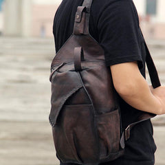 Cool Vintage Leather Coffee Mens Sling Bag Shoulder Bag Chest Bag for Men