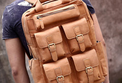 Genuine Leather Vintage Mens Cool Backpack Large Camel Travel Bag Hiking Bag For Men