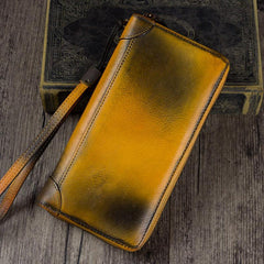 Yellow Womens Vintage Leather Green Long Wallet Zipper Brown Clutch Long Wristlet Wallet for Ladies