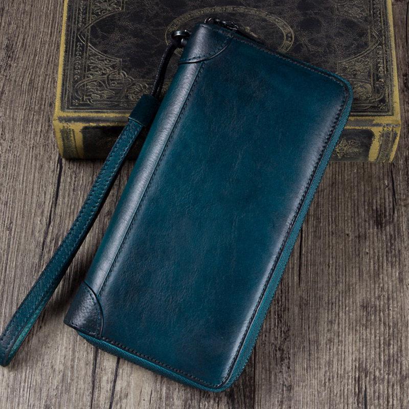 Blue Womens Vintage Leather Green Long Wallet Zipper Brown Clutch Long Wristlet Wallet for Ladies