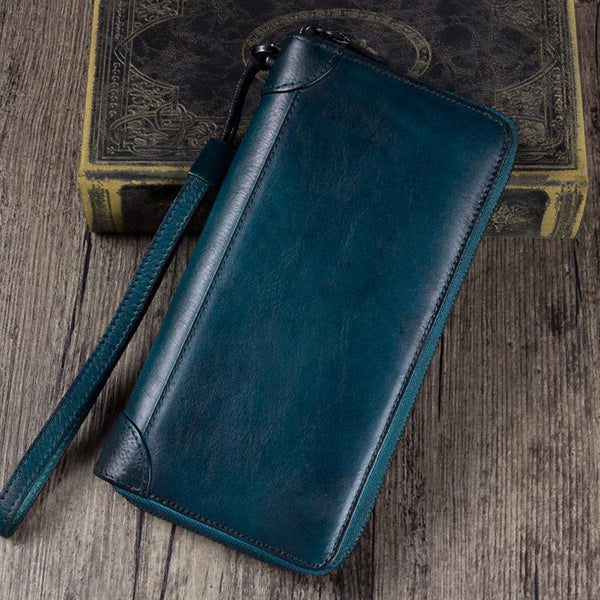 Blue Womens Vintage Leather Green Long Wallet Zipper Brown Clutch Long Wristlet Wallet for Ladies