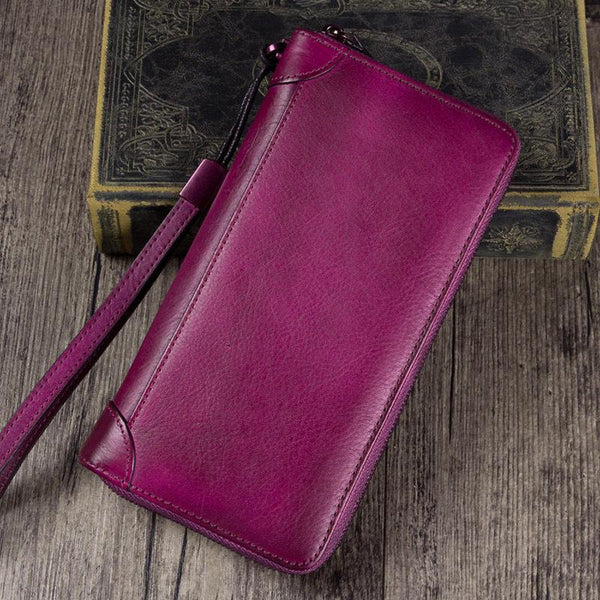 Purple Womens Vintage Leather Green Long Wallet Zipper Brown Clutch Long Wristlet Wallet for Ladies