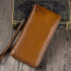 Yellow Womens Vintage Leather Green Long Wallet Zipper Brown Clutch Long Wristlet Wallet for Ladies