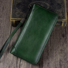 Yellow Womens Vintage Leather Green Long Wallet Zipper Brown Clutch Long Wristlet Wallet for Ladies