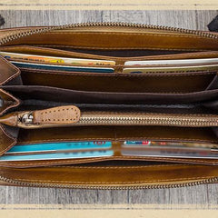 Brown Womens Vintage Leather Green Long Wallet Zipper Blue Clutch Long Wristlet Wallet for Ladies