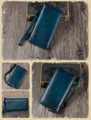 Brown Womens Vintage Leather Green Long Wallet Zipper Blue Clutch Long Wristlet Wallet for Ladies