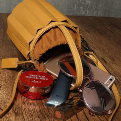 Brown Womens Leather Bucket Handbag Womens Barrel Purse Small Bucket Shoulder Purse