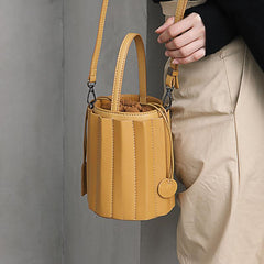Brown Womens Leather Bucket Handbag Womens Barrel Purse Small Bucket Shoulder Purse