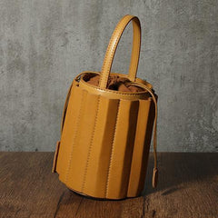 Brown Womens Leather Bucket Handbag Womens Barrel Purse Small Bucket Shoulder Purse