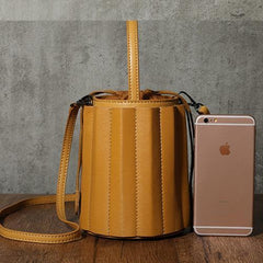Brown Womens Leather Bucket Handbag Womens Barrel Purse Small Bucket Shoulder Purse