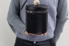 Genuine leather round bucket clutch handbag black clutch purse clutch zip wallet women - EverHandmade