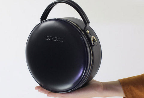 Genuine Leather round bag shoulder bag black for women leather crossbody bag - EverHandmade