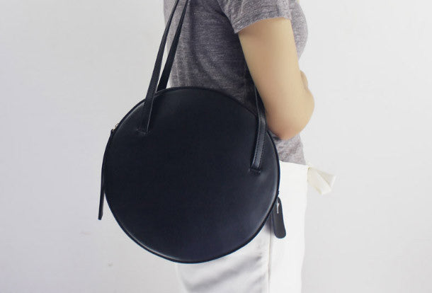 Unique Round Black Leather Backpack Bag - Black