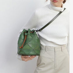 Cute Brown Leather Womens Bucket Shoulder Bag Green Handbag Barrel Bag for Ladies