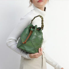 Cute Brown Leather Womens Bucket Shoulder Bag Green Handbag Barrel Bag for Ladies