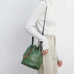 Cute Brown Leather Womens Bucket Shoulder Bag Green Handbag Barrel Bag for Ladies