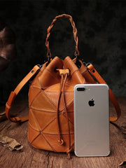 Cute Brown Leather Womens Bucket Shoulder Bag Green Handbag Barrel Bag for Ladies